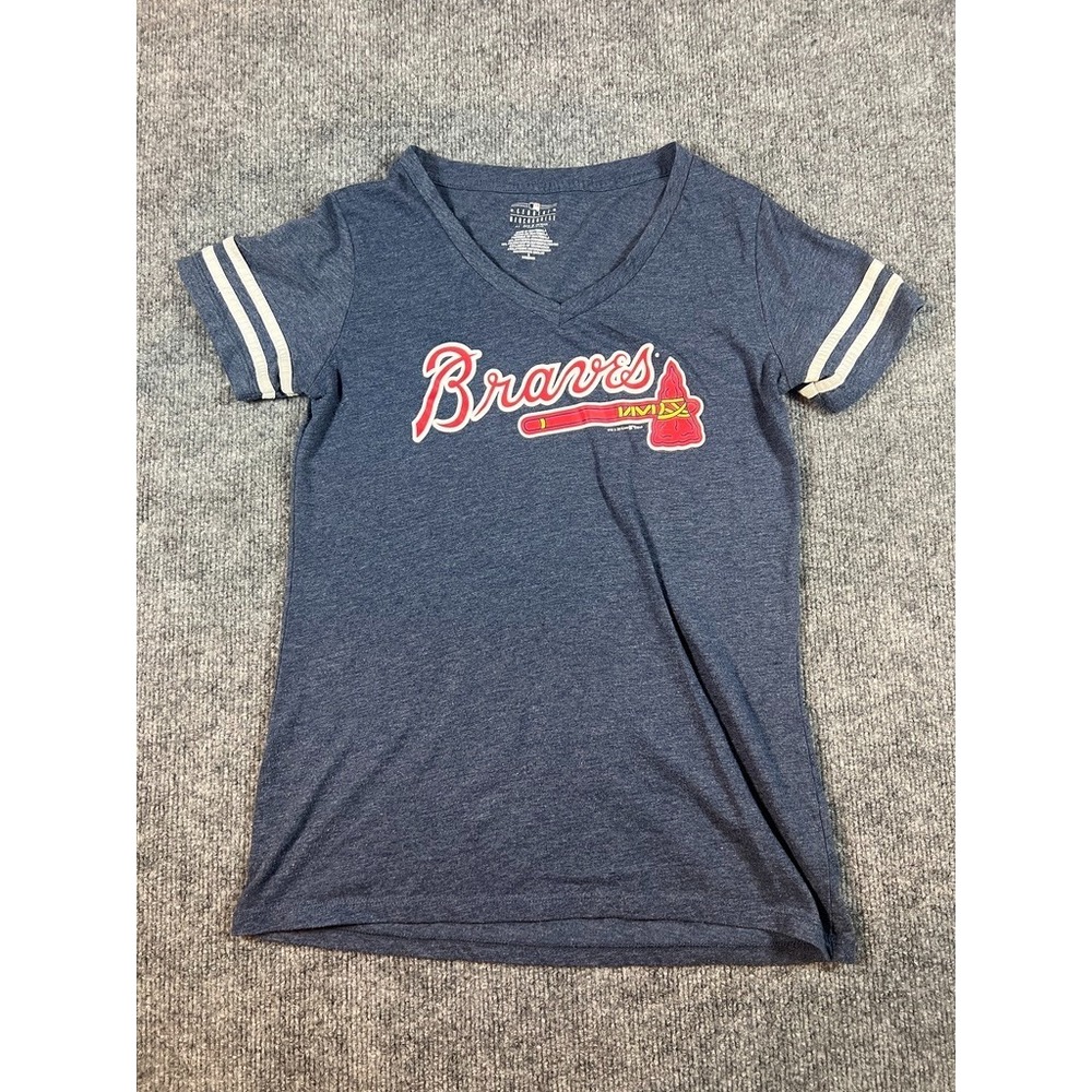 Atlanta Braves Womens V-Neck T-Shirt By 5th & Ocean Small Navy Blue Genuine
